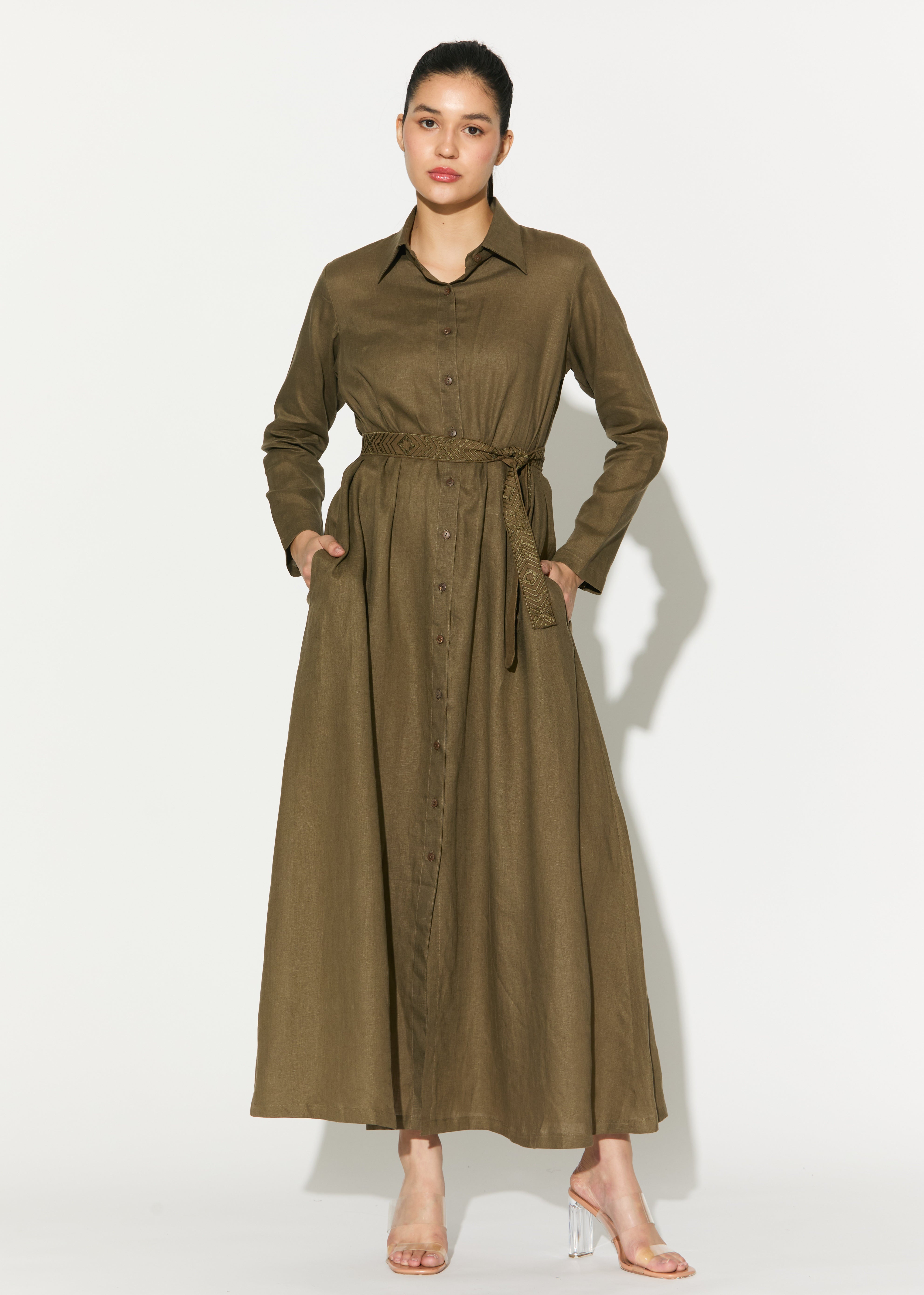 sage shirt dress 1950s Sage Green Cotton Belted Shirt Dress, sz. S