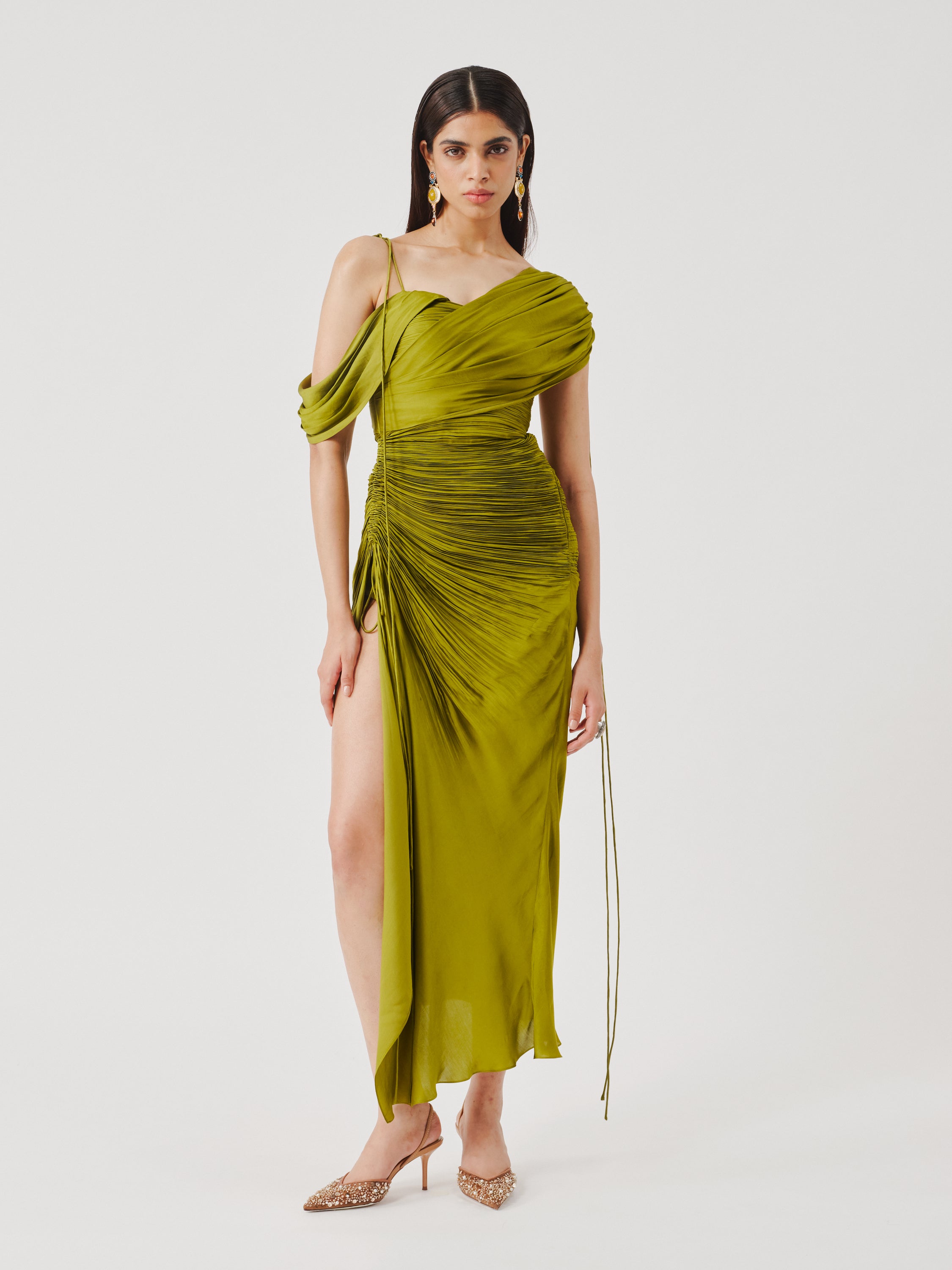 olive ruched dress Betsy & Adam Women's Long Double Satin One-Shoulder Column Gown - Olive