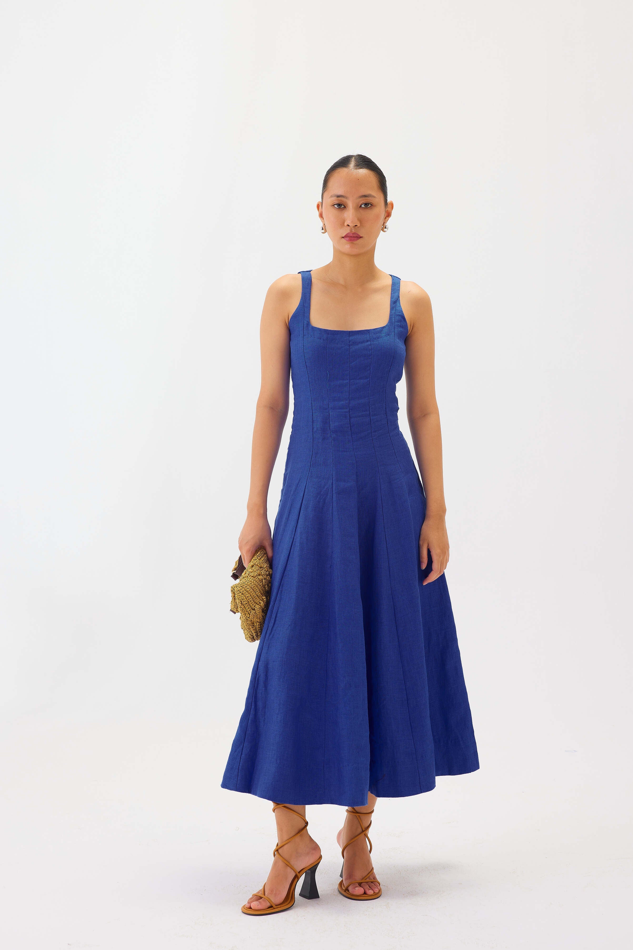 Linen Square-Neck Flare Midi Dress In Blue KAANJJ Linen Square-Neck Flare Midi Dress In Blue KAANJJ